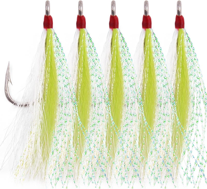 SILANON Bucktail Teaser Fishing Hooks,5pcs Saltwater Flounder Rig Stainless Steel Fishing Jig Hooks Bucktail Mylar Flash Teasers Inserted for Striper Catfish Cod Flounder Hi/Lo Rig - Image 1